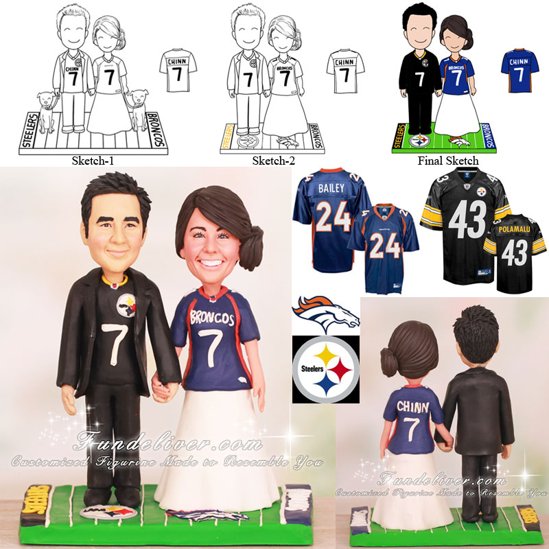 Broncos and Steelers Football Wedding Cake Toppers